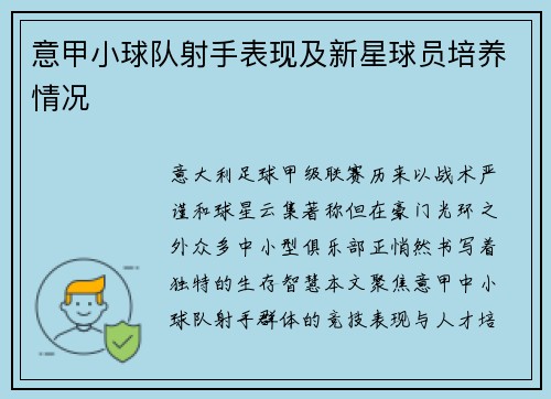 意甲小球队射手表现及新星球员培养情况