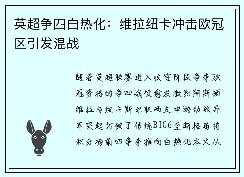 英超争四白热化：维拉纽卡冲击欧冠区引发混战