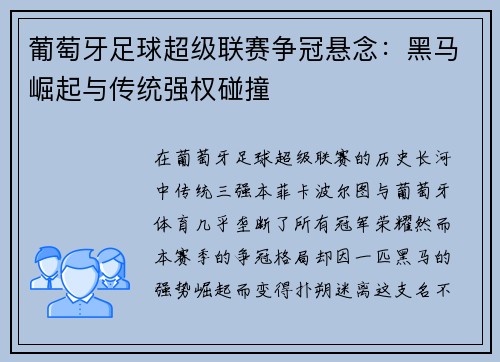 葡萄牙足球超级联赛争冠悬念：黑马崛起与传统强权碰撞